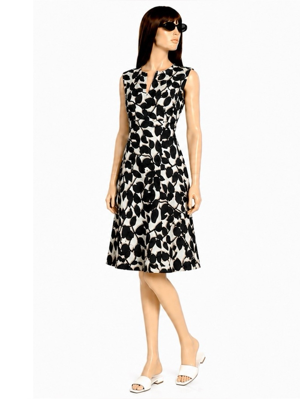 kate spade Black and White Leaf-Print Sleeveless Midi Dress